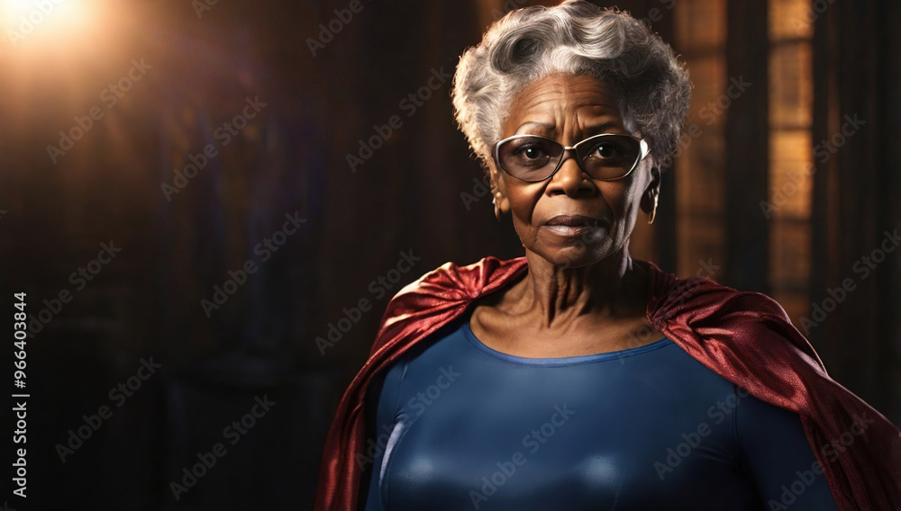 An African American superhero woman stands confidently in her cozy home, showcasing her vibrant costume and unique glasses An African American superhero woman stands confidently in her cozy home, showcasing her vibrant costume and unique glasses