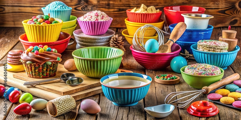 Colorful array of baking essentials, including mixing bowls, utensils, and decorative toppers, scattered on a rustic wooden kitchen counter, surrounded by sweet treats. Colorful array of baking essentials, including mixing bowls, utensils, and decorative toppers, scattered on a rustic wooden kitchen counter, surrounded by sweet treats.