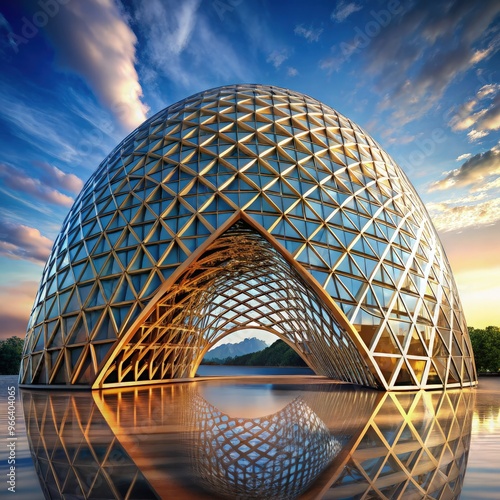 Elegant drop-shaped gridshell structure reflecting on tranquil water at sunset. Generative AI photo