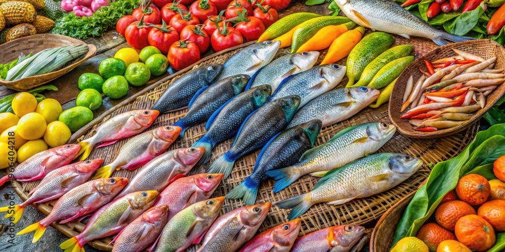 Fototapeta premium Colorful assortment of fresh fish, including tilapia and catfish, laid out on a woven mat at a vibrant African marketplace or dockside setting.
