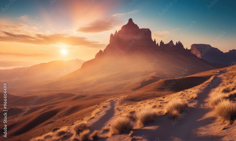A dirt road winds through a desert landscape at sunset, leading towards a majestic mountain range A dirt road winds through a desert landscape at sunset, leading towards a majestic mountain range