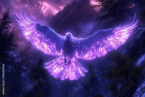 ethereal vultureangel hybrid with glowing neon purple outline soars through a mystical night sky combines elements of nature and technology in a surreal dreamlike composition photo