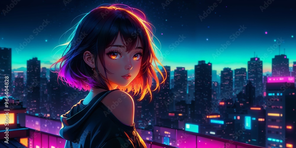Fototapeta premium A girl with purple hair stands on a rooftop overlooking a vibrant neon city at night