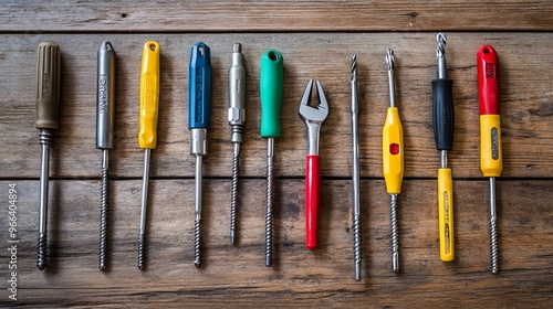 Various screwdrivers arranged neatly on a wooden table, providing ample space for adding text or other elements to the image. 