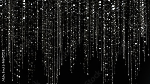 A background with a cascade of black and silver beads subtly leading to a reserved space. 
