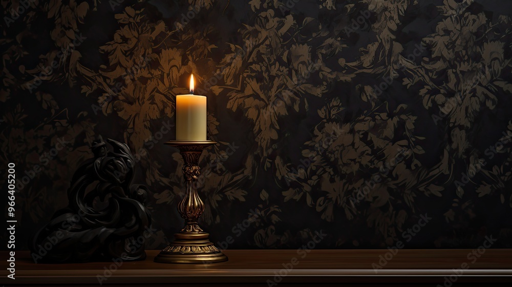 A design where the subtle texture of a black damask fabric meets the edge of a solitary golden candlestick. A design where the subtle texture of a black damask fabric meets the edge of a solitary golden candlestick.