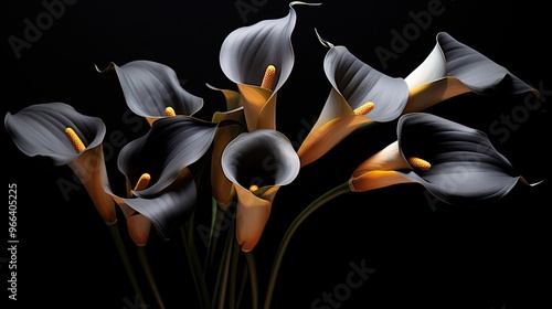 A dignified display of dark calla lilies against a black matte background.  photo