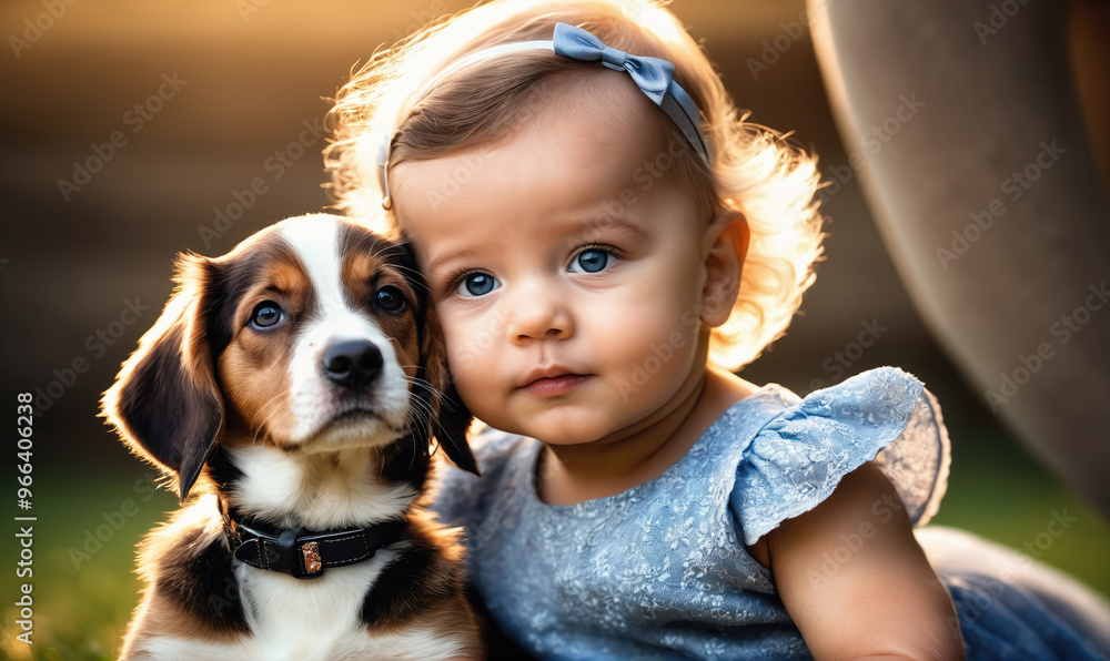 A little girl with blue eyes and a blue dress smiles at the camera while holding a puppy in her arms A little girl with blue eyes and a blue dress smiles at the camera while holding a puppy in her arms