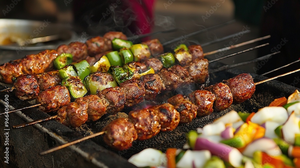 A close-up of a grill with meat and vegetables on a skewer is shown in the image A close-up of a grill with meat and vegetables on a skewer is shown in the image