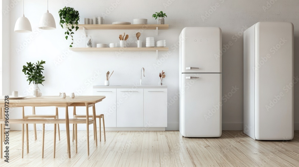 Fototapeta premium Minimalist Kitchen Interior with White Cabinets and Two Refrigerators