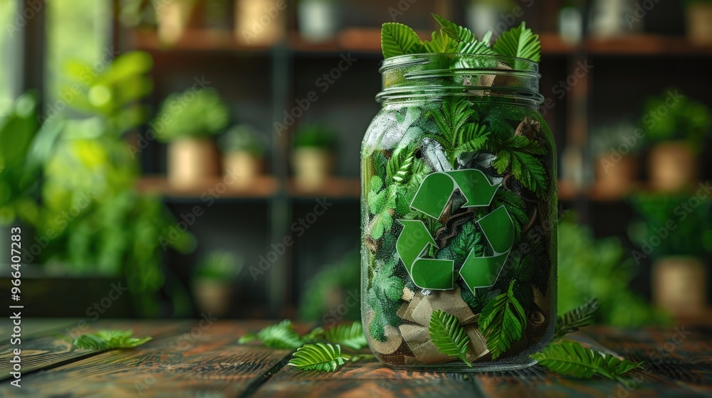 A glass jar filled with green leaves and recycle symbols on a wooden table. A glass jar filled with green leaves and recycle symbols on a wooden table.