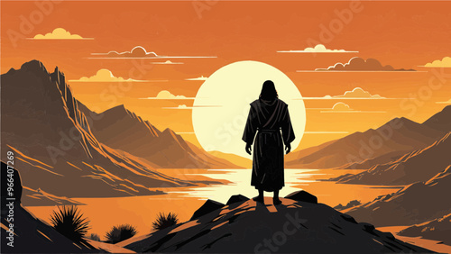 Silhouette illustration of Jesus in Desert. Depiction of the temptation of Satan concept