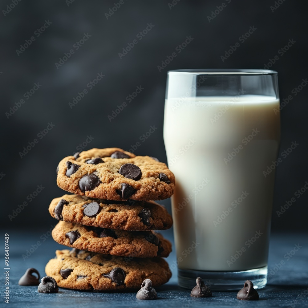 Close-Up of Milk Glass and Stacked Cookies on Blue Surface Close-Up of Milk Glass and Stacked Cookies on Blue Surface