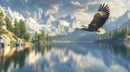 Bald eagle soars majestically over serene mountain lake photo