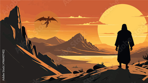 Silhouette illustration of Jesus in Desert. Depiction of the temptation of Satan concept