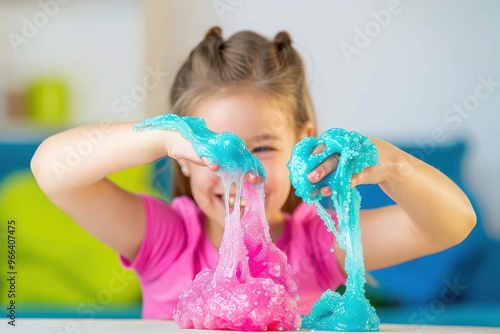 Little girl making homemade slime toy Little girl making homemade slime toy