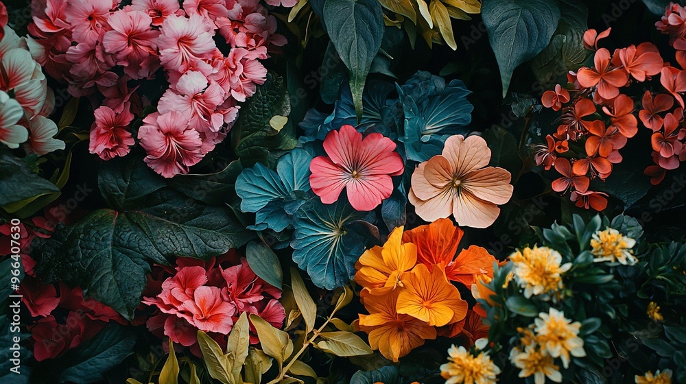 A close-up photo of vibrant red and yellow flowers surrounded by lush green foliage A close-up photo of vibrant red and yellow flowers surrounded by lush green foliage