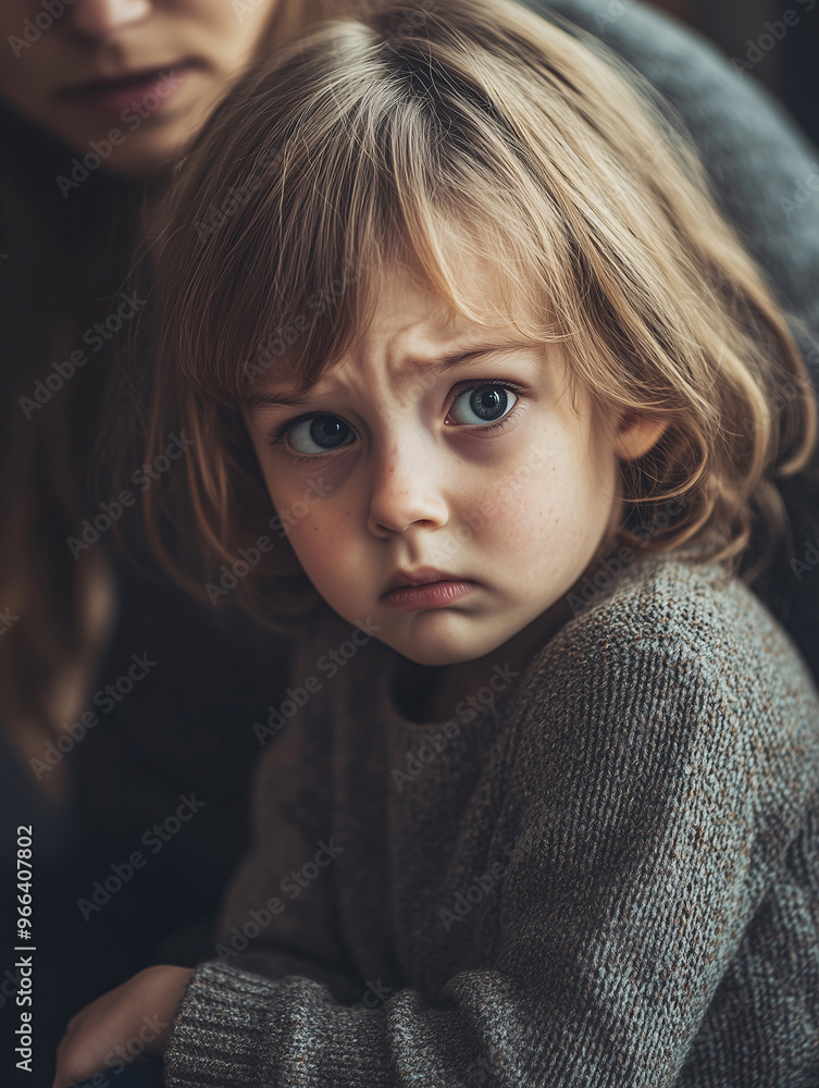 A young child looking worried while sitting next to an adult A young child looking worried while sitting next to an adult
