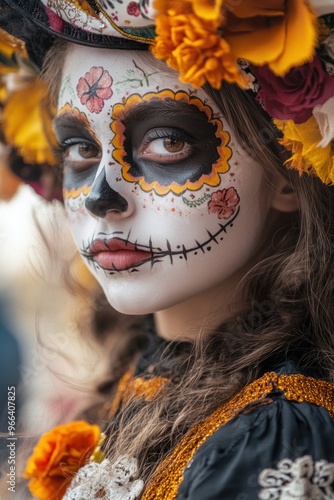 A young girl with intricate sugar skull makeup and floral decorations, celebrating Día de los Muertos.