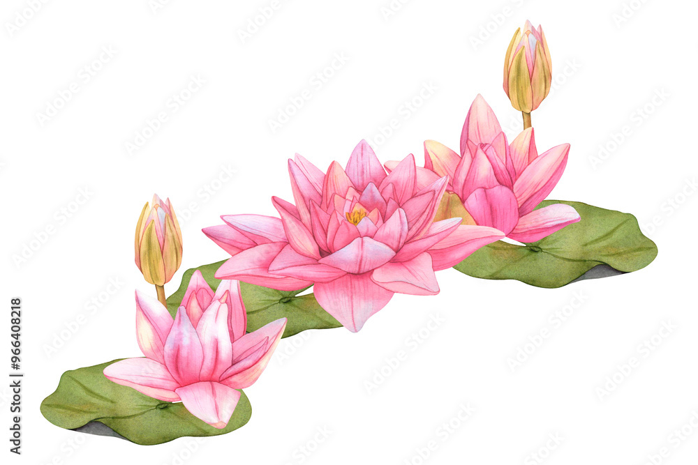 Watercolor Lotus Flower. Hand Drawn Water Lily botanical Illustration with green leaves on isolated background. Pink tropical Flowers for invitations, print and card design Watercolor Lotus Flower. Hand Drawn Water Lily botanical Illustration with green leaves on isolated background. Pink tropical Flowers for invitations, print and card design