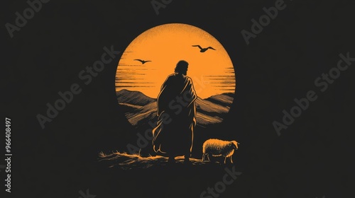Logo of Jesus as a shepherd with a lost sheep against a sunset background.Dark tone.Concept of care, faith, Christianity and religion