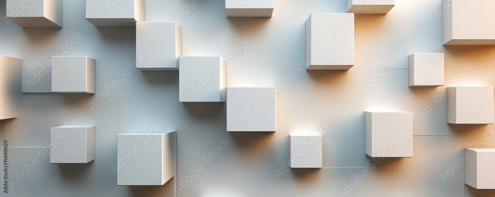 Abstract composition of white 3D cubes on a light background, creating a minimalistic and modern geometric pattern with soft shadows. Abstract composition of white 3D cubes on a light background, creating a minimalistic and modern geometric pattern with soft shadows.