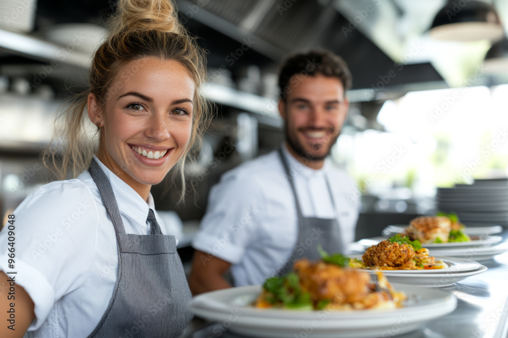 Smiling Chefs Presenting Plated Dishes in a Modern Kitchen Smiling Chefs Presenting Plated Dishes in a Modern Kitchen