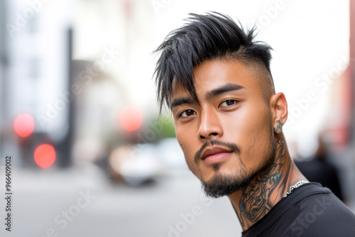 Stylish Man with Tattoos and Trendy Hairstyle on City Street