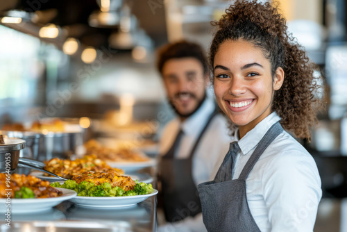 Smiling Restaurant Staff Serving Fresh Meals in Kitchen