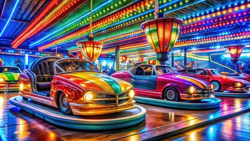 Colorful, worn, and shiny vehicles with flashy lights and bold stripes collide and spin in a lively, action-packed amusement park attraction. photo