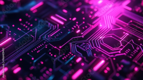 Close-up of a futuristic, neon-lit circuit board, representing advanced technology and innovation in electronic components.