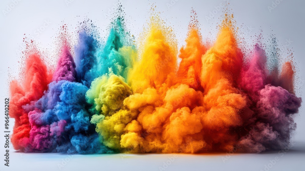 Fototapeta premium explosive cloud of vibrant rainbow holi powder against stark white background capturing moment of joyful color dispersion