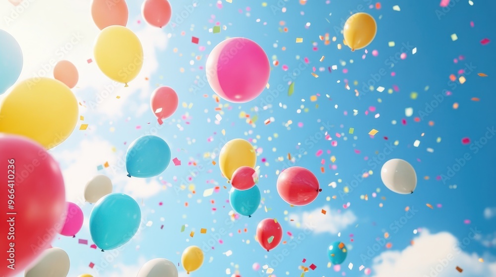 Fototapeta premium Colorful balloons floating in a clear blue sky with scattered clouds, creating a festive and joyful atmosphere.