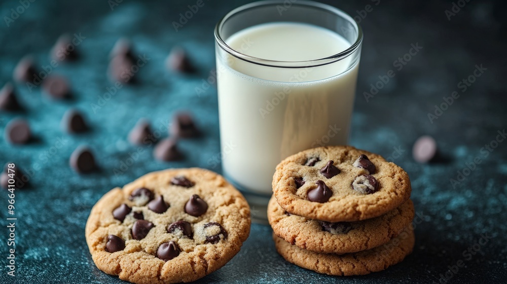 Close-Up of Milk Glass and Stacked Cookies on Blue Surface Close-Up of Milk Glass and Stacked Cookies on Blue Surface