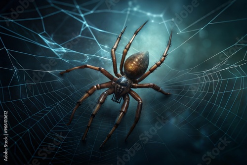 Close-up of a spider on a web with detailed textures and dark background