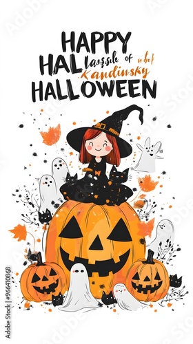 Banner, Folder, Advertisement with Text Inscription Halloween, Witches, Ghosts, Haunting, Cartoon, Drawing, Abstract Image, Texture, Pattern Background, Wallpaper, Cover and Screen of Smartphone, PC, 