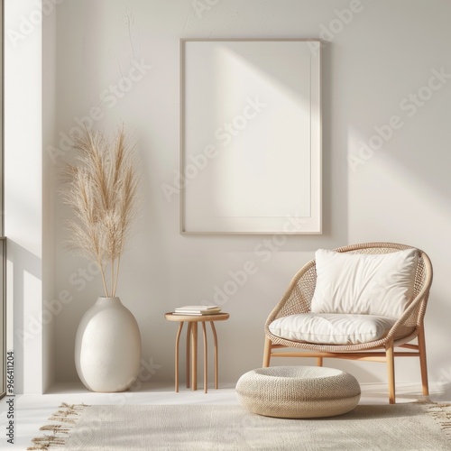 Wall art print mockup photo of a single  blank empty frame on the wall in a bohemian living room decorated with an armchair and vase with dried flowers in minimalist aesthetic.