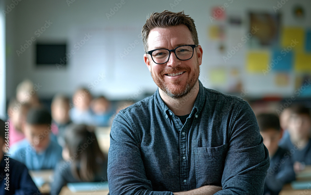 Obraz premium Smiling teacher standing confidently in a classroom filled with students, professional educator radiating positivity and leadership, perfect for education and learning environment concepts