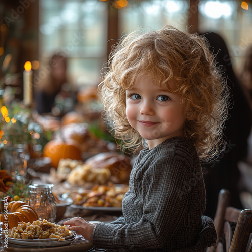 A close-up of a child saying a Thanksgiving blessing over a table filled with festive food. The warmth and joy of the holiday are captured in this touching family moment