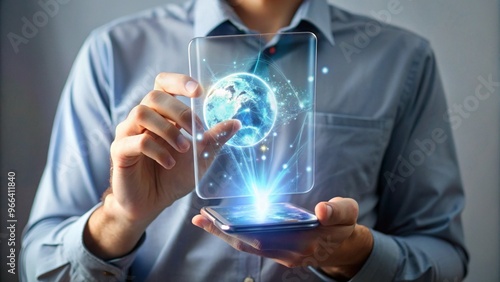 Wallpaper Mural A Person Interacting with a Futuristic Holographic Smartphone Interface in a Modern Setting Torontodigital.ca