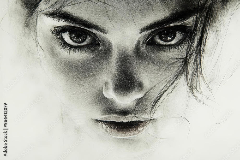 Fototapeta premium expressive charcoal sketch of girls portrait bold gestural lines contrast of light and shadow raw emotional quality