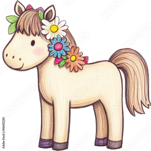 Cute cartoon pony with colorful flowers in its mane, drawn in a whimsical and playful style