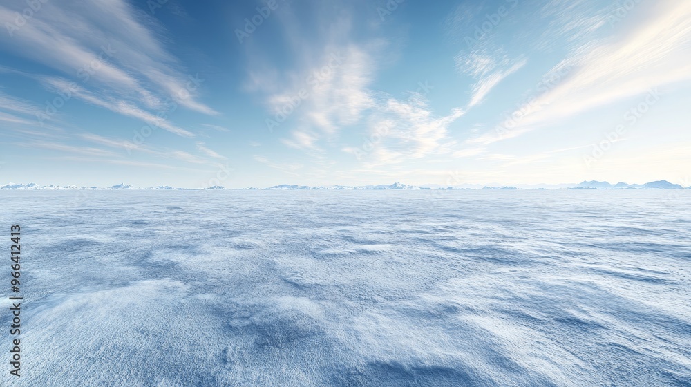 A serene view of a vast, icy landscape under a bright blue sky with soft clouds. A serene view of a vast, icy landscape under a bright blue sky with soft clouds.