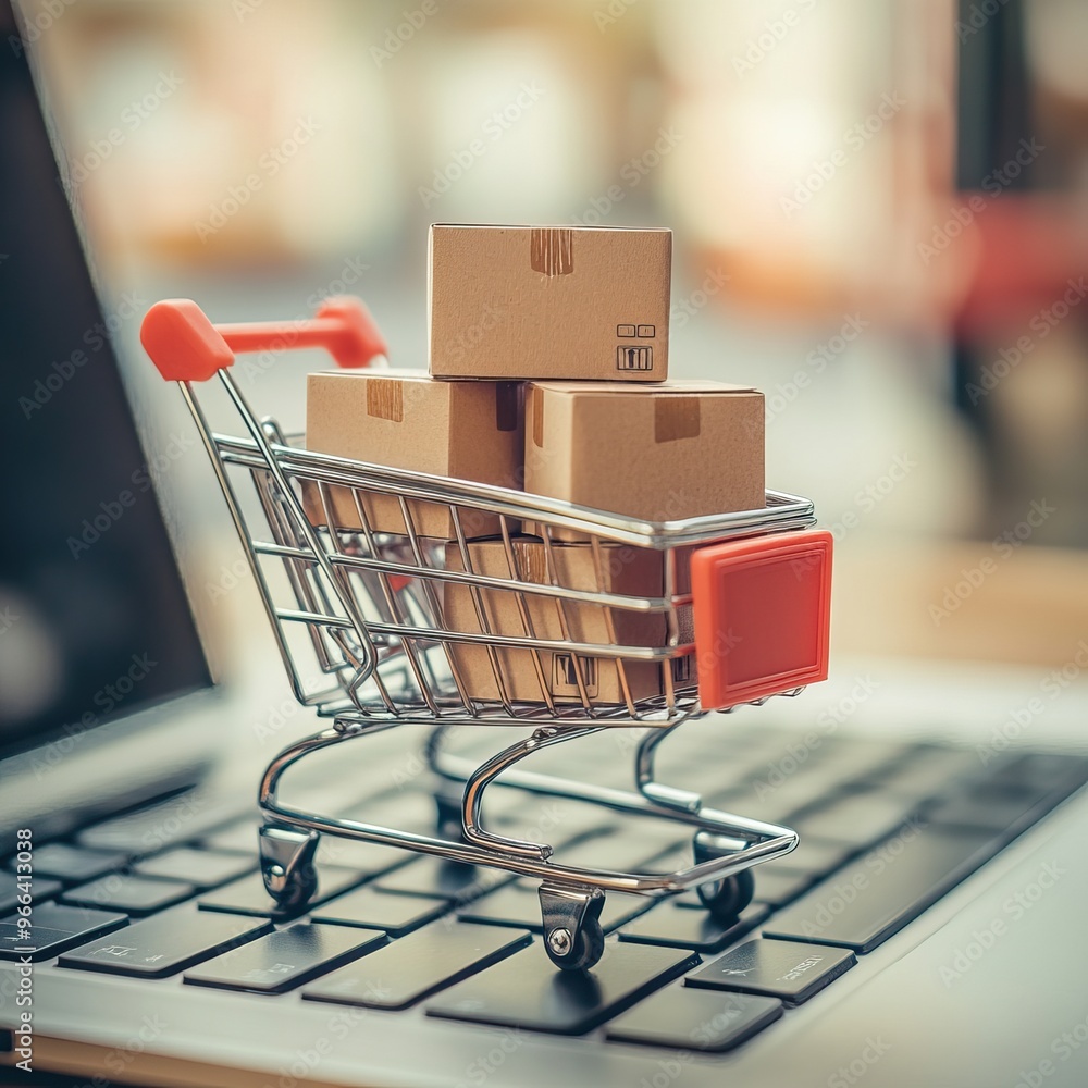 Shopping cart with packages on a keyboard for e-commerce concept. AI generated image Shopping cart with packages on a keyboard for e-commerce concept. AI generated image