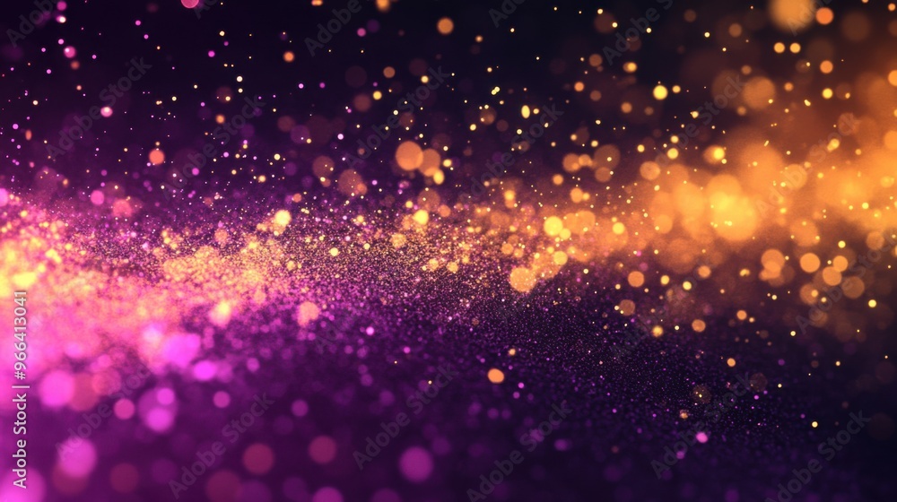 Obraz premium Scattered gradient lilac to pale yellow particles against a dark backdrop create a warm, cheerful celebratory background