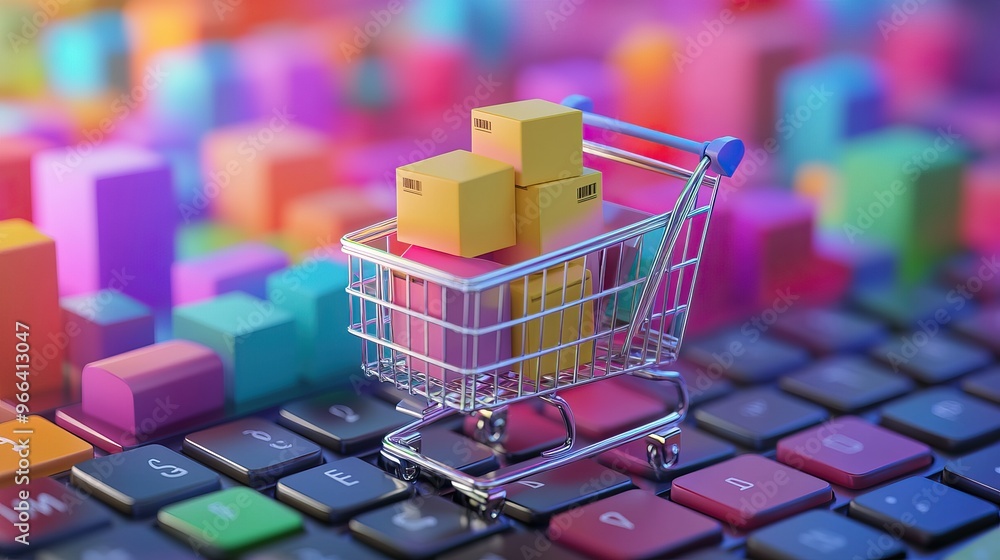 Shopping cart with packages on a keyboard for e-commerce concept. AI generated image Shopping cart with packages on a keyboard for e-commerce concept. AI generated image
