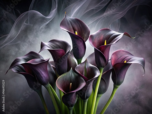 Dark, velvety black calla lilies with glossy, waxy petals unfurl amidst a backdrop of subtle, misty shadows, evoking mystery and elegant sophistication. photo