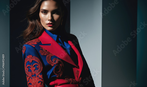 A woman with long dark hair wears a blue blazer with red embroidery and a red collar, looking into the camera