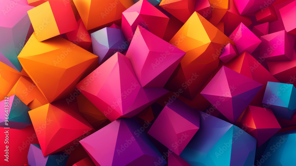 Volumetric geometric shapes: A background composed of colorful triangles, cubes, and cylinders that creates a three-dimensional space effect Volumetric geometric shapes: A background composed of colorful triangles, cubes, and cylinders that creates a three-dimensional space effect