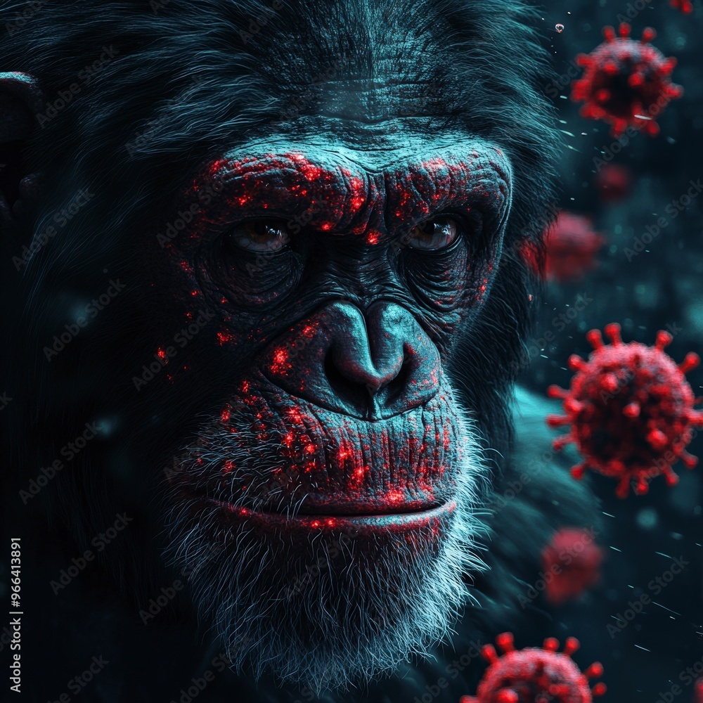 Monkey Examining Virus in Ominous Medical-Themed Setting Monkey Examining Virus in Ominous Medical-Themed Setting